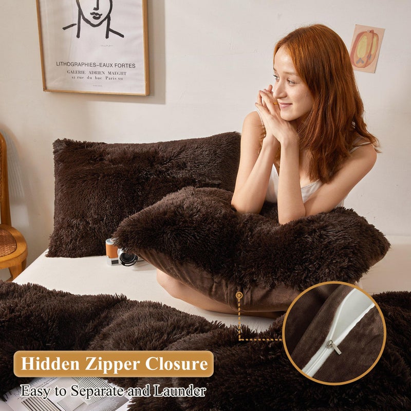 XeGe Faux Fur Brown Pillow Cases, Plush Shaggy Ultra Soft Fluffy Velvet Decorative Pillowcases, Furry Fuzzy Pillow Shams Zipper Closure, Set of 2 (Standard, Coffee) - Image 3